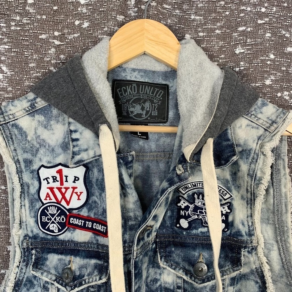 Ecko Unltd Acid Wash Denim Hooded Vest Hip Hop Y2K Streetwear Men's Large - Picture 4 of 8